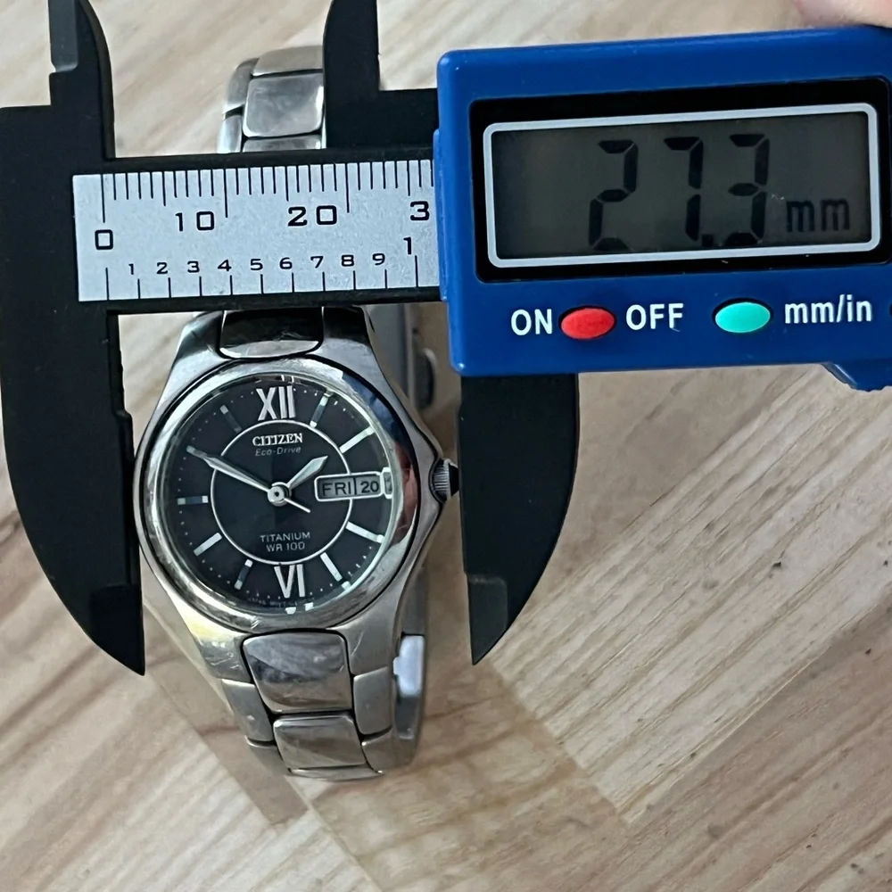 Citizen Eco-Drive Titanium Solar Black Dial Day Date Window Titanium Bracelet